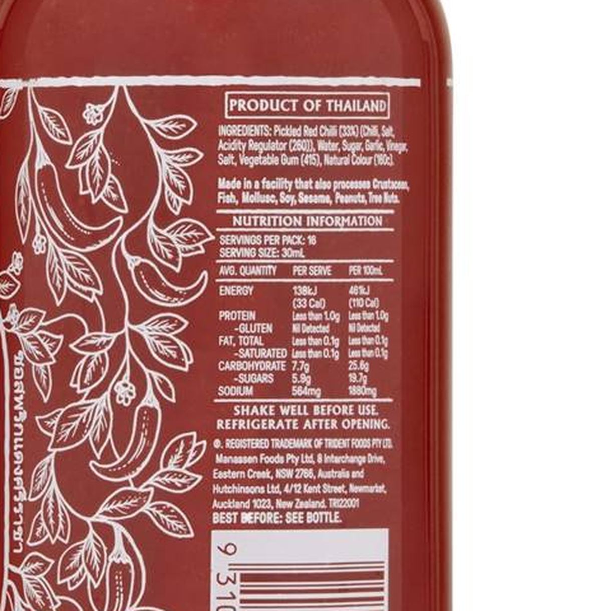 Pack photograph of Trident Sriracha Hot Chilli Sauce 480mL showing the printed nutrition panel