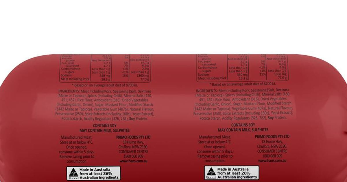 Pack photograph of Hans Polish Salami 375g showing the printed nutrition panel