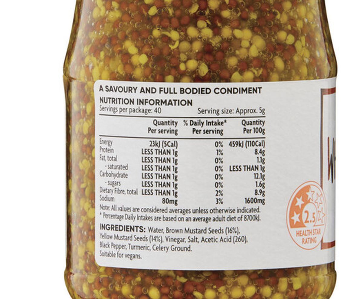 Pack photograph of Coles Wholegrain Mustard showing the printed nutrition panel