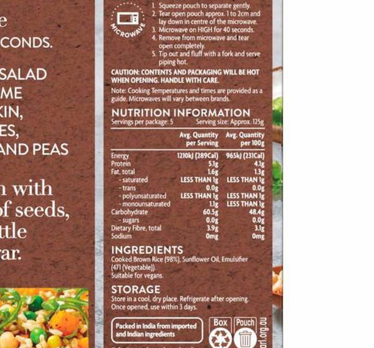 Pack photograph of Coles Microwavable Brown Rice 5 Pack showing the printed nutrition panel