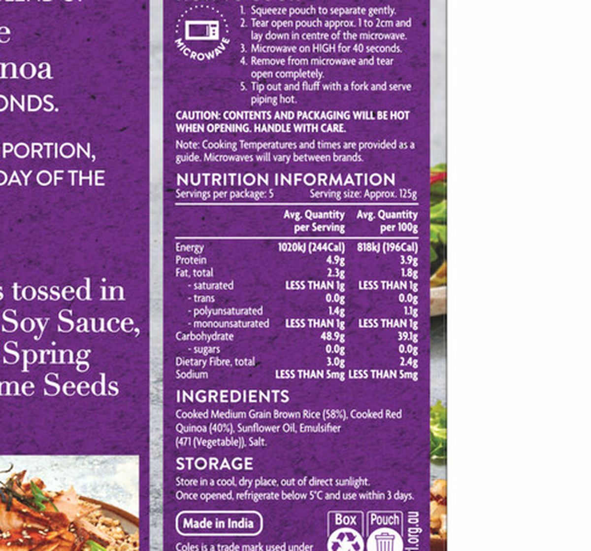 Pack photograph of Coles Microwavable Brown Rice & Quinoa Pouch 5pack showing the printed nutrition panel