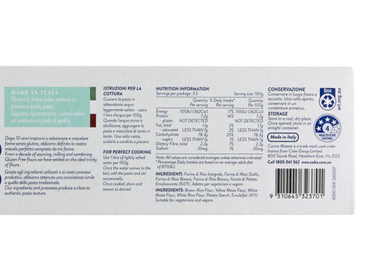 Pack photograph of Cucina Matese Gluten Free Spaghetti Pasta showing the printed nutrition panel