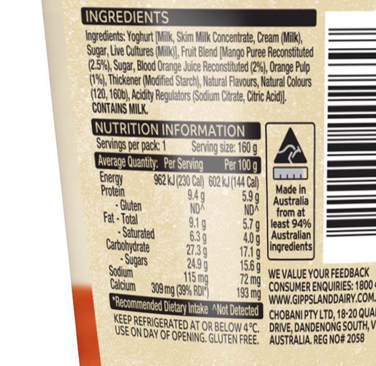 Pack photograph of Gippsland Dairy Mango & Blood Orange Twist Yoghurt 160g showing the printed nutrition panel