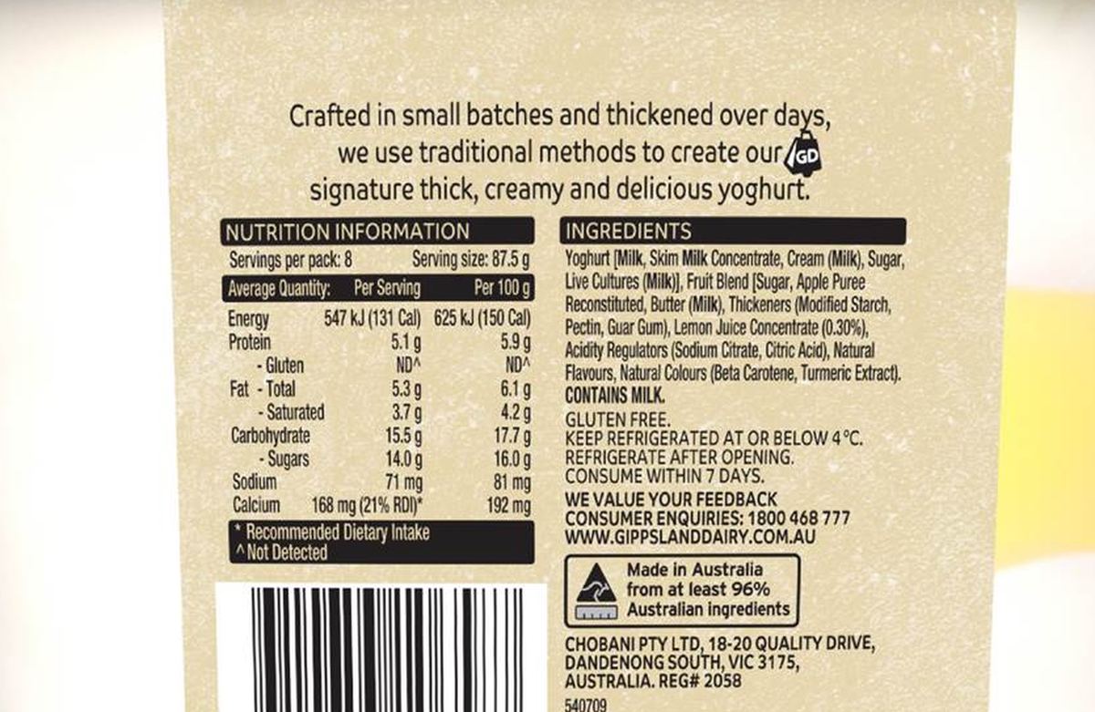 Pack photograph of Gippsland Dairy Lemon Curd Twist Yoghurt 700g showing the printed nutrition panel