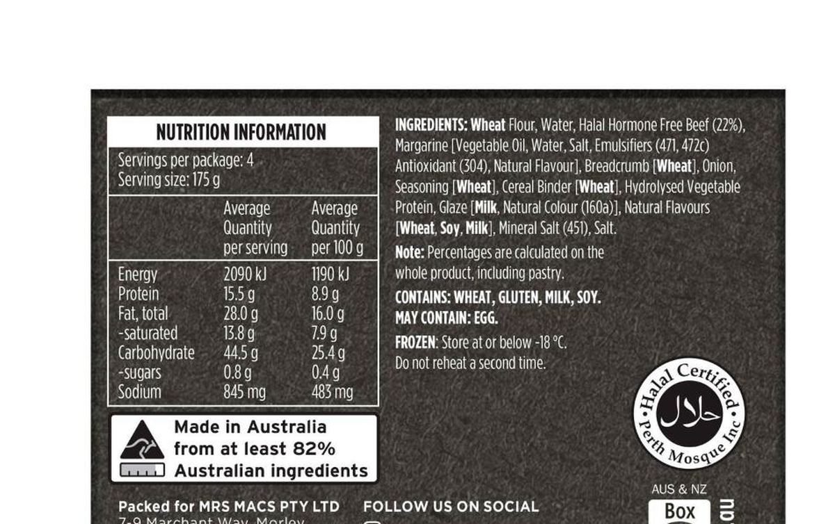 Pack photograph of Mrs Mac's Giant Sausage Rolls 4 pack showing the printed nutrition panel