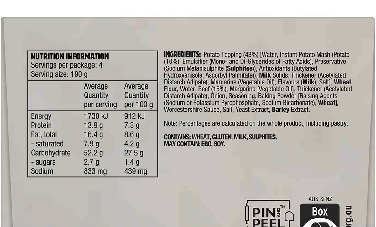Pack photograph of Mrs Mac's Potato Top Beef Pies 4 pack showing the printed nutrition panel