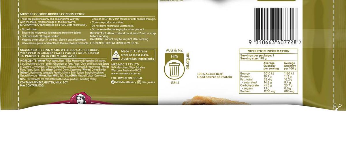 Pack photograph of Mrs Mac's Microwave Giant Sausage Roll Frozen 175g showing the printed nutrition panel