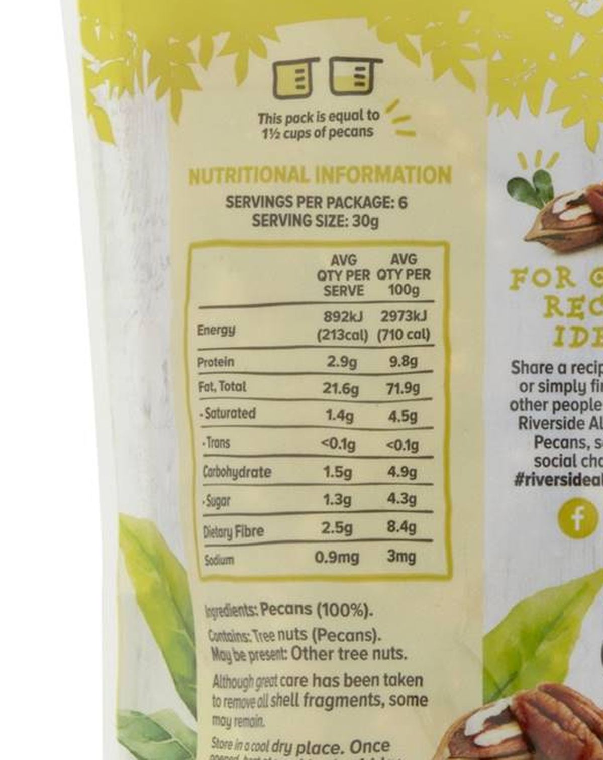 Pack photograph of Riverside Pecan Halves 180g showing the printed nutrition panel
