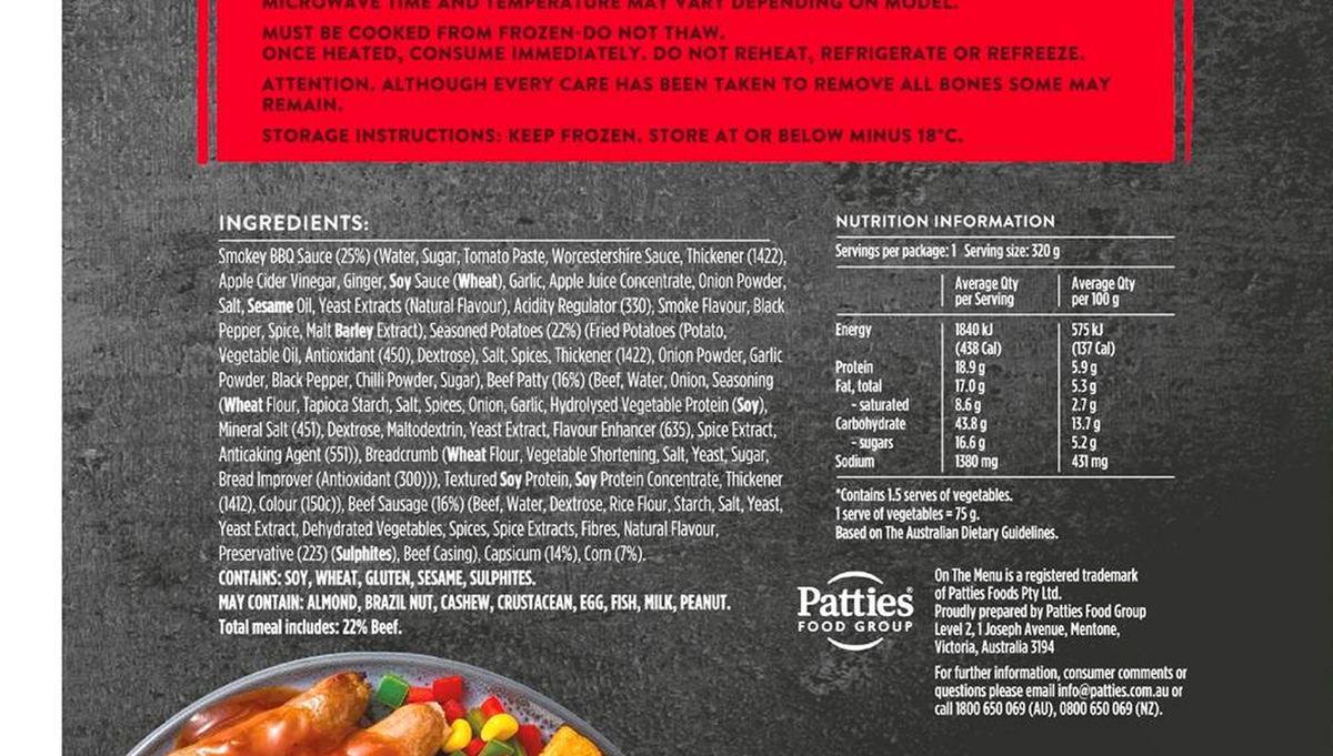 Pack photograph of On The Menu Mixed Grill Frozen Meal 320g showing the printed nutrition panel