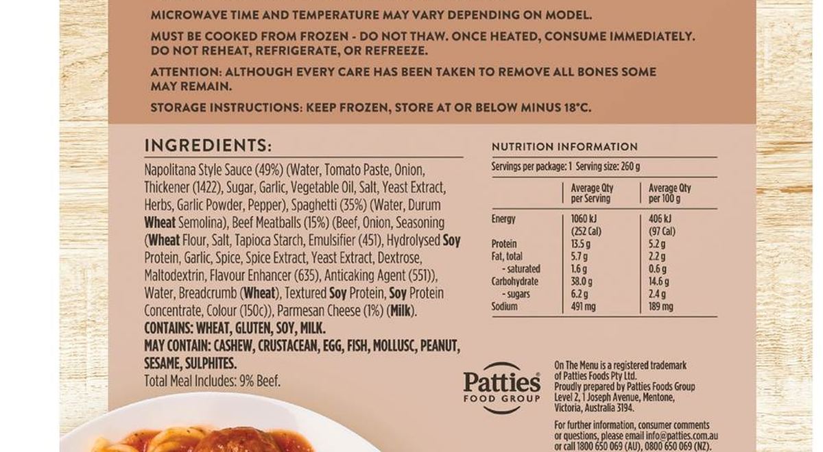 Pack photograph of On The Menu Spaghetti & Meatballs Frozen Meal 260g showing the printed nutrition panel