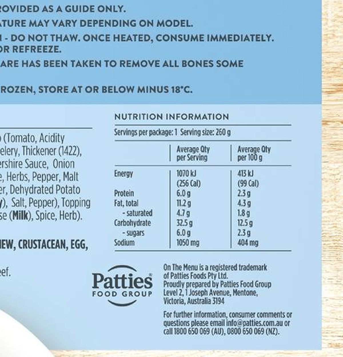 Pack photograph of On The Menu Cottage Pie Pie Frozen Meal 260g showing the printed nutrition panel