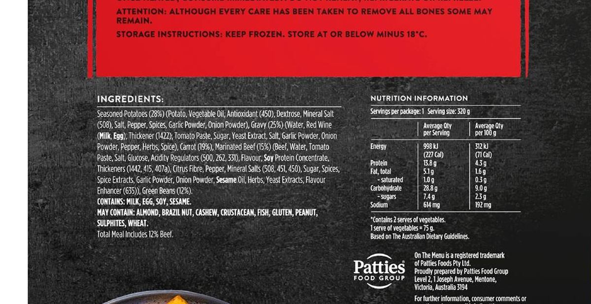 Pack photograph of On The Menu Roast Beef 320g showing the printed nutrition panel