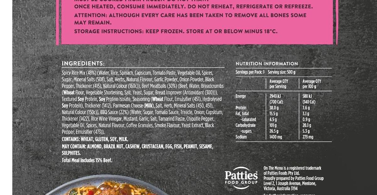 Pack photograph of On The Menu Big Feast BBQ Meatballs With Spicy Rice Frozen Meal 500g showing the printed nutrition panel