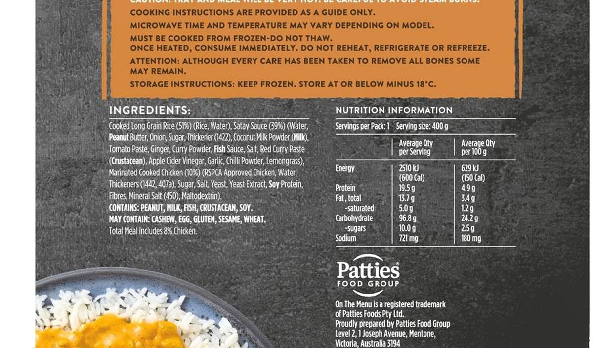 Pack photograph of On The Menu Satay Chicken & Rice 400g showing the printed nutrition panel