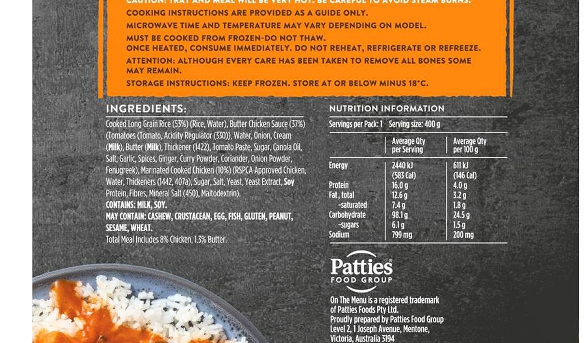 Pack photograph of On The Menu Butter Chicken 400g showing the printed nutrition panel