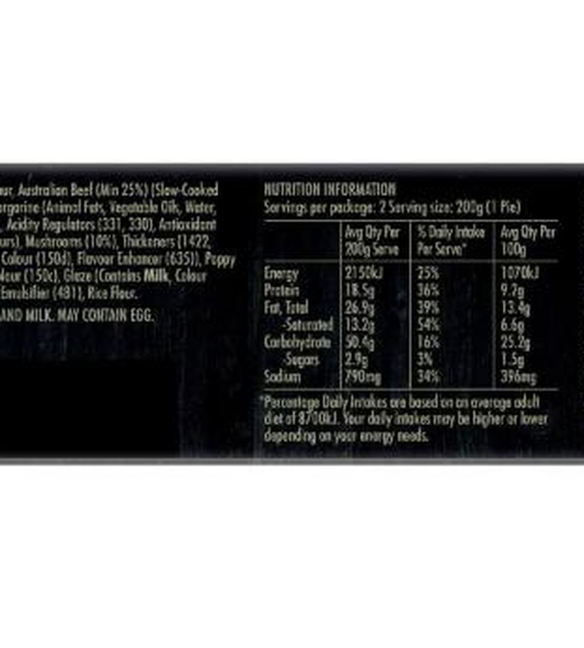 Pack photograph of Herbert Adams Pies Chunky Slow Cooked Beef & Mush 2 pack showing the printed nutrition panel