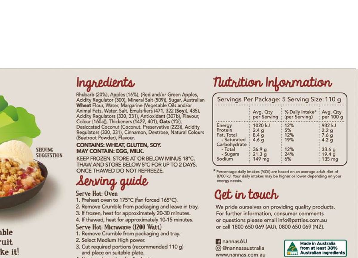 Pack photograph of Nanna's Rhubarb & Apple Crumble 550g showing the printed nutrition panel