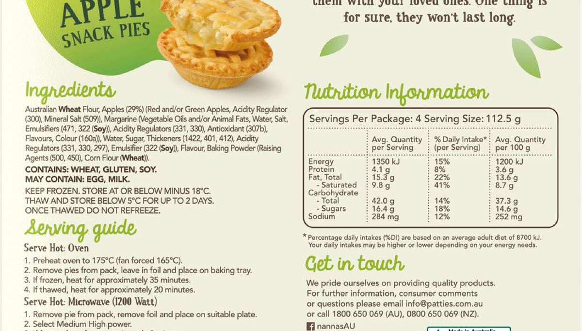 Pack photograph of Nanna's Frozen Apple Snack Pies Apple Pie 4 pack showing the printed nutrition panel