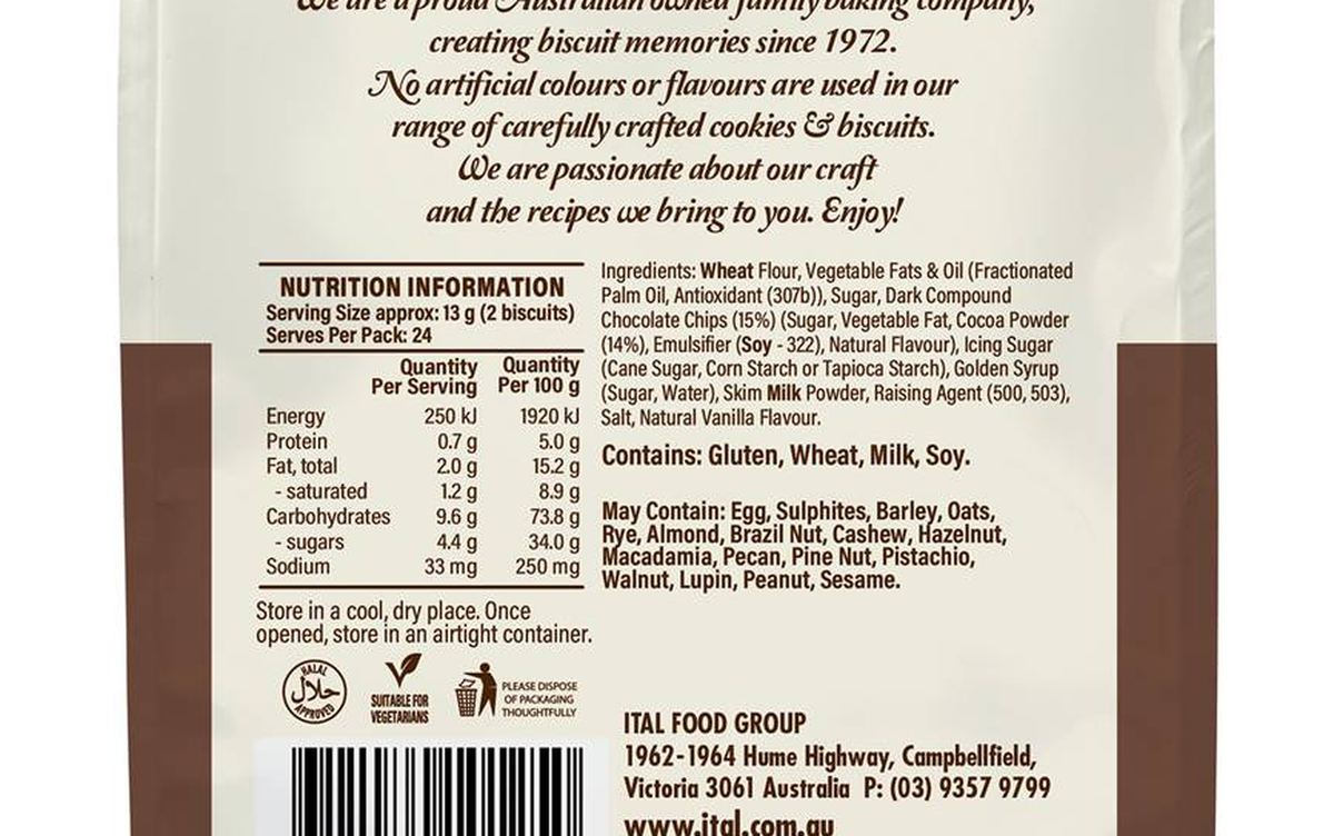 Pack photograph of Bakers Finest Choc Chip Cookies 300g showing the printed nutrition panel