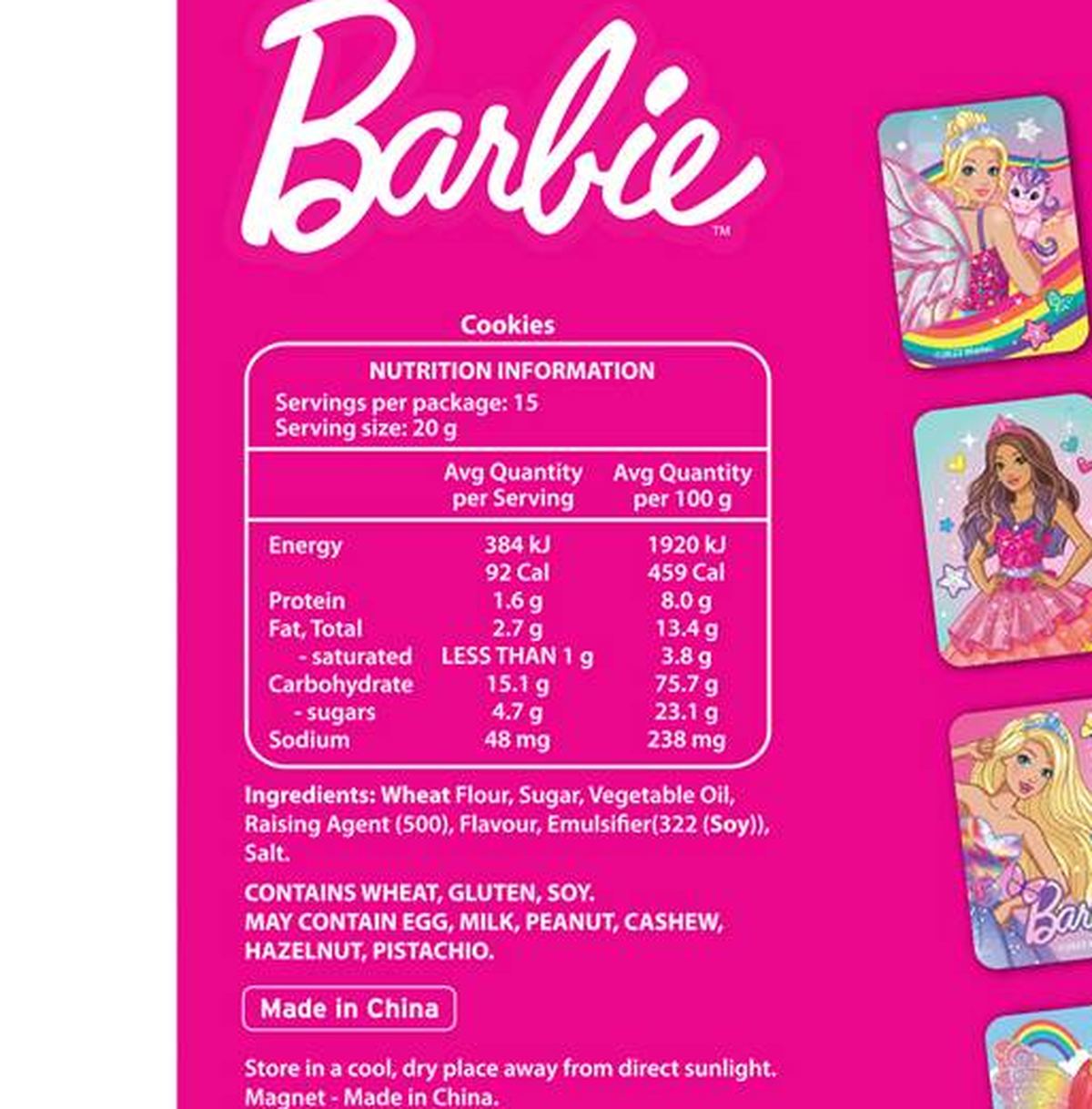 Pack photograph of Park Avenue Character Cookies Barbie 15 pack showing the printed nutrition panel