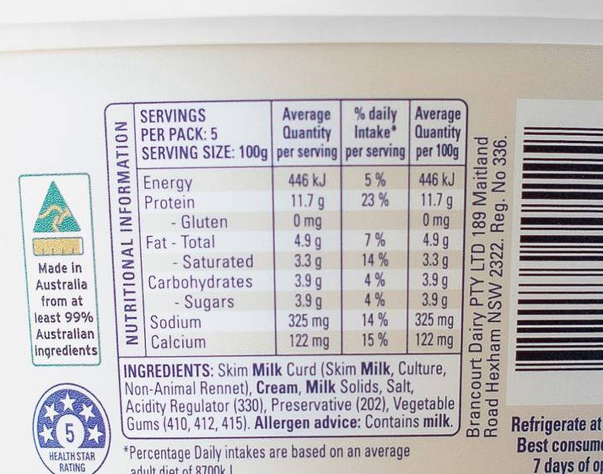 Pack photograph of Brancourts Cottage Cheese Classic 500g showing the printed nutrition panel
