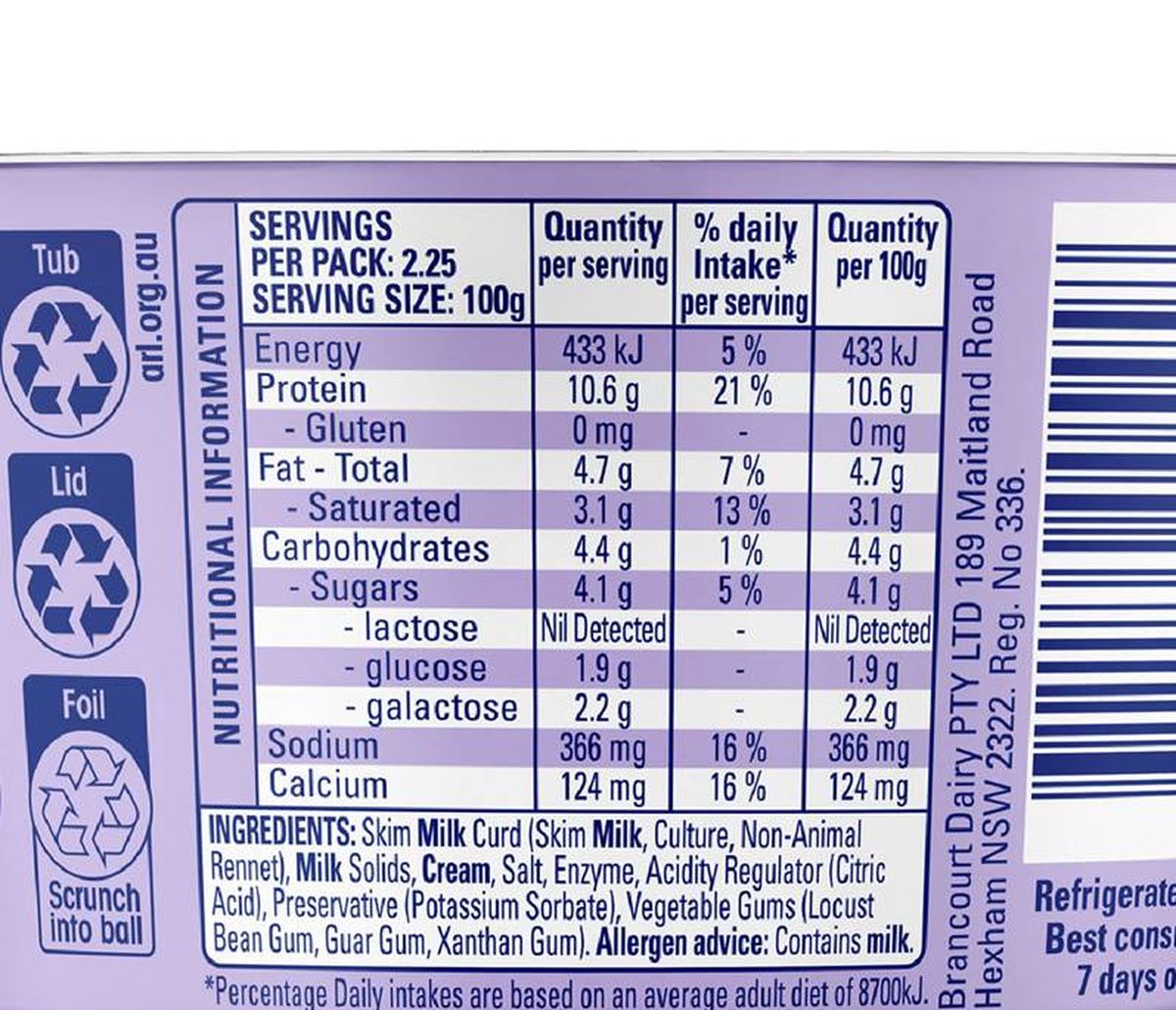 Pack photograph of Brancourts Lactose Free Cottage Cheese 225g showing the printed nutrition panel