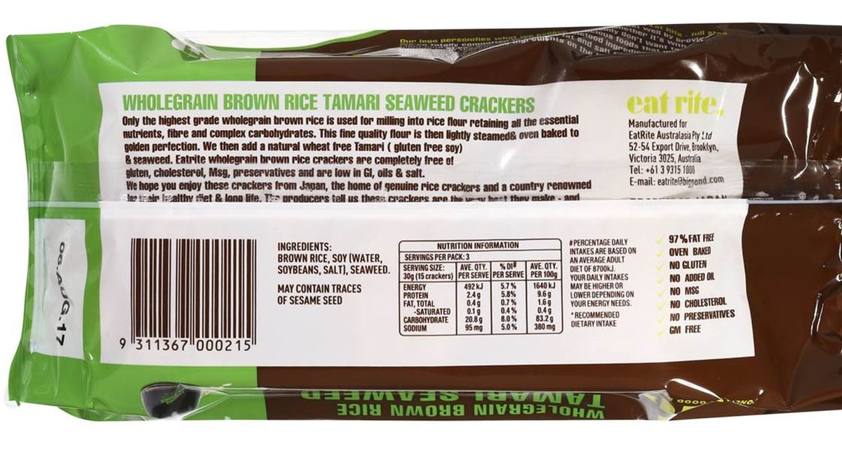 Pack photograph of Eatrite Rice Crackers Tamari Seaweed 100g showing the printed nutrition panel
