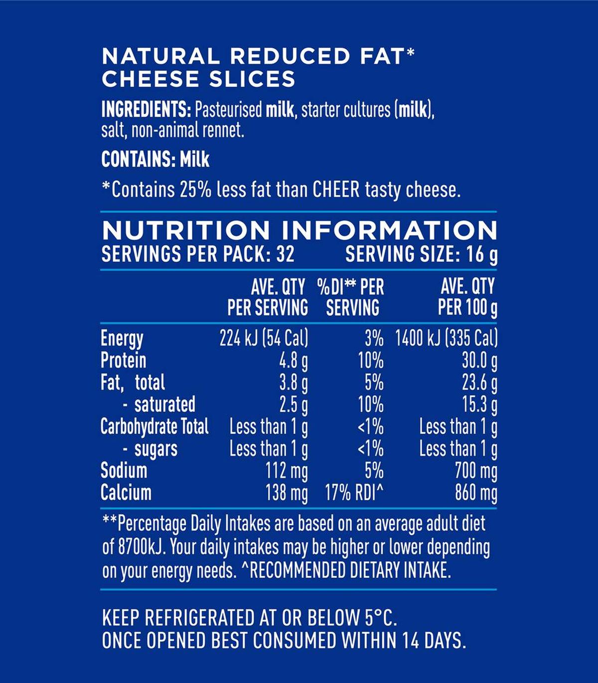 Pack photograph of Cheer Light & Tasty Slices Cheese Slices 32 pack showing the printed nutrition panel
