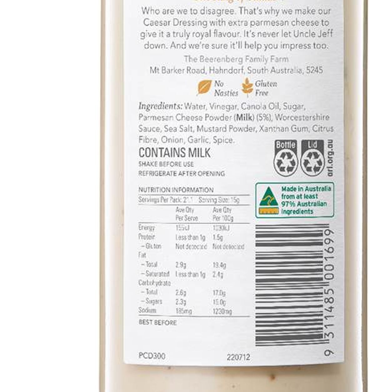 Pack photograph of Beerenberg Dressings Parmesan Caesar 300mL showing the printed nutrition panel