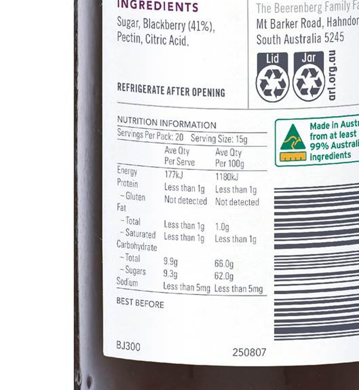 Pack photograph of Beerenberg Blackberry Jam 300g showing the printed nutrition panel