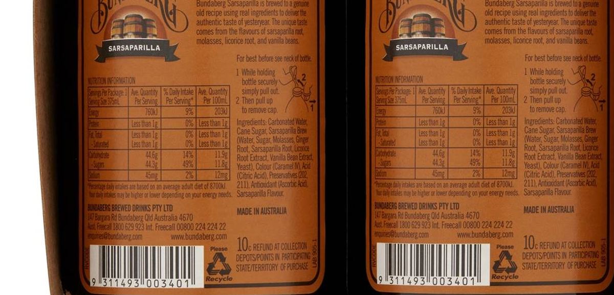 Pack photograph of Bundaberg Sarsaparilla 375mL x 4 pack showing the printed nutrition panel