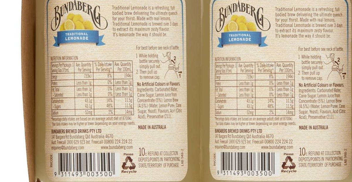 Pack photograph of Bundaberg Traditional Lemonade 4X375Ml 375mL x 4 pack showing the printed nutrition panel