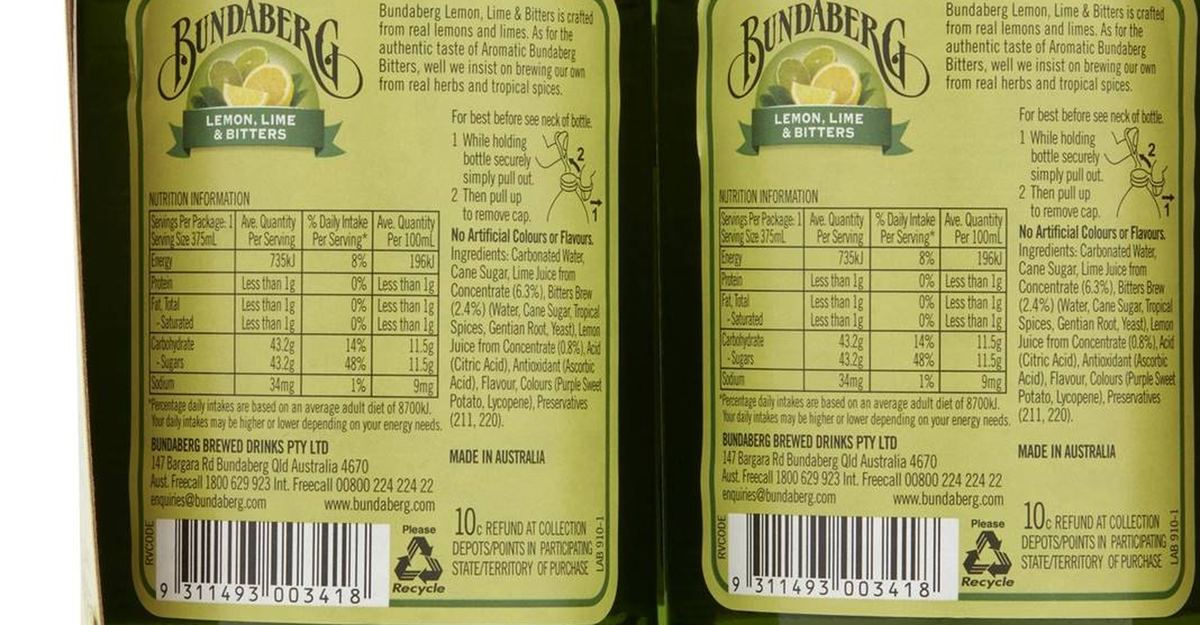 Pack photograph of Bundaberg Lemon Lime & Bitters 375mL x 4 pack showing the printed nutrition panel