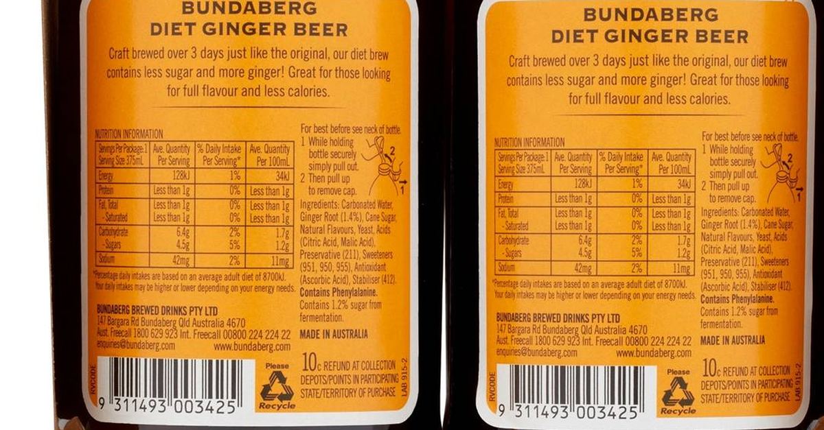 Pack photograph of Bundaberg Diet Ginger Beer 375mL x 4 pack showing the printed nutrition panel