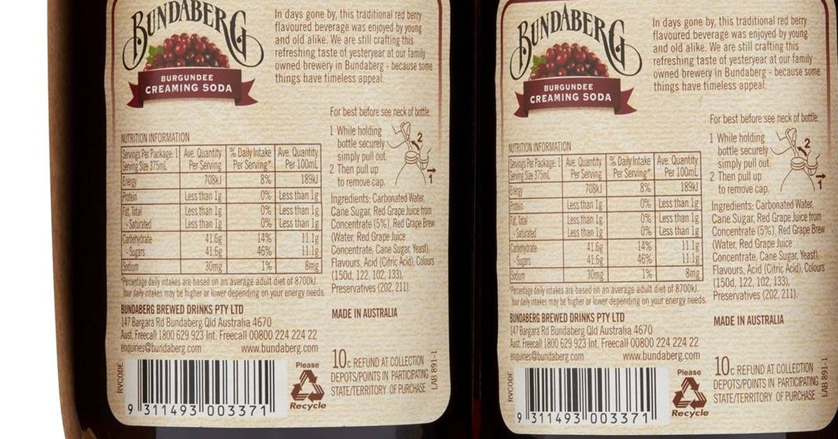 Pack photograph of Bundaberg Burgundee Creaming Soda 375mL x 4 pack showing the printed nutrition panel