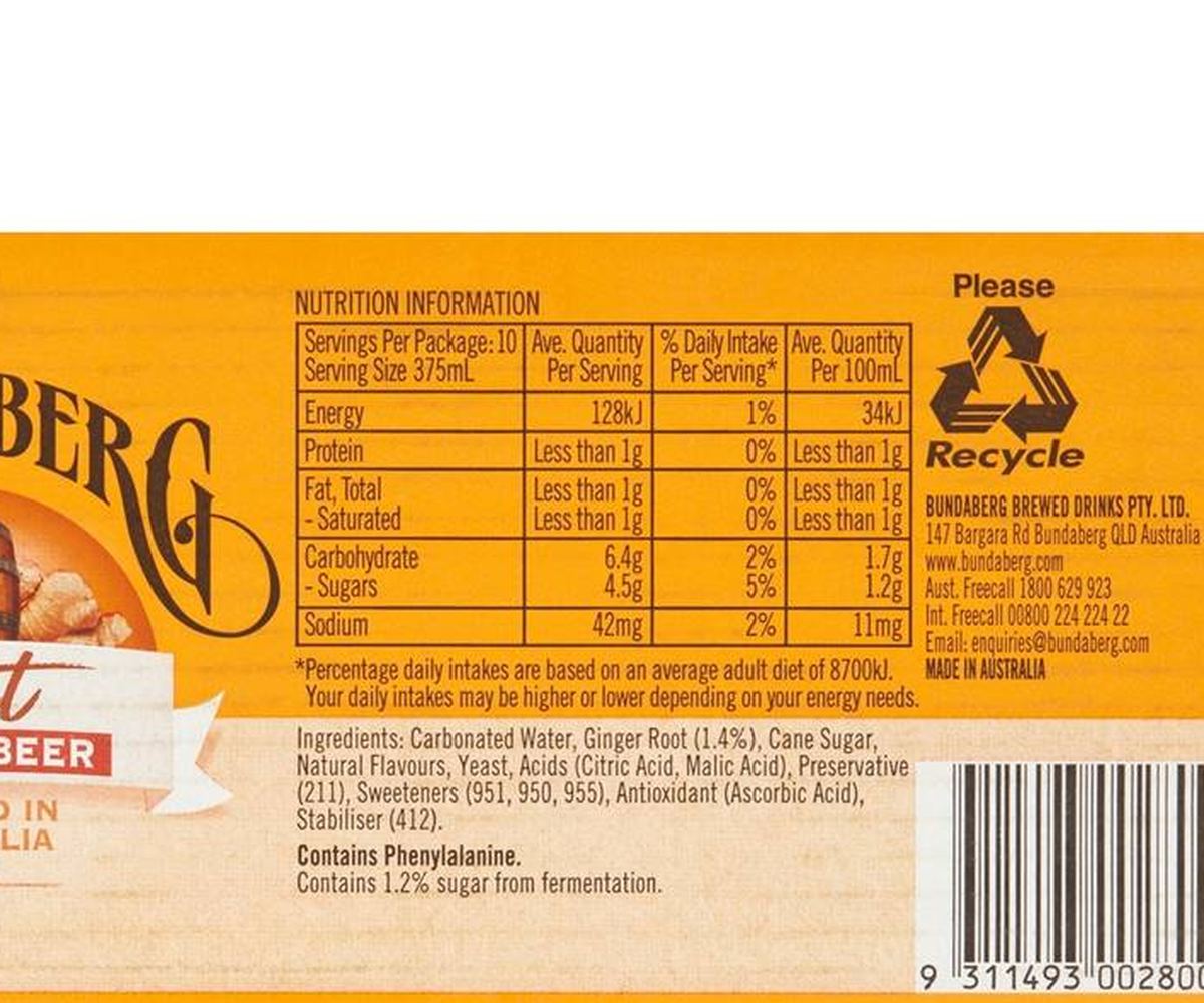 Pack photograph of Bundaberg Diet Ginger Beer 375mL x 10 pack showing the printed nutrition panel