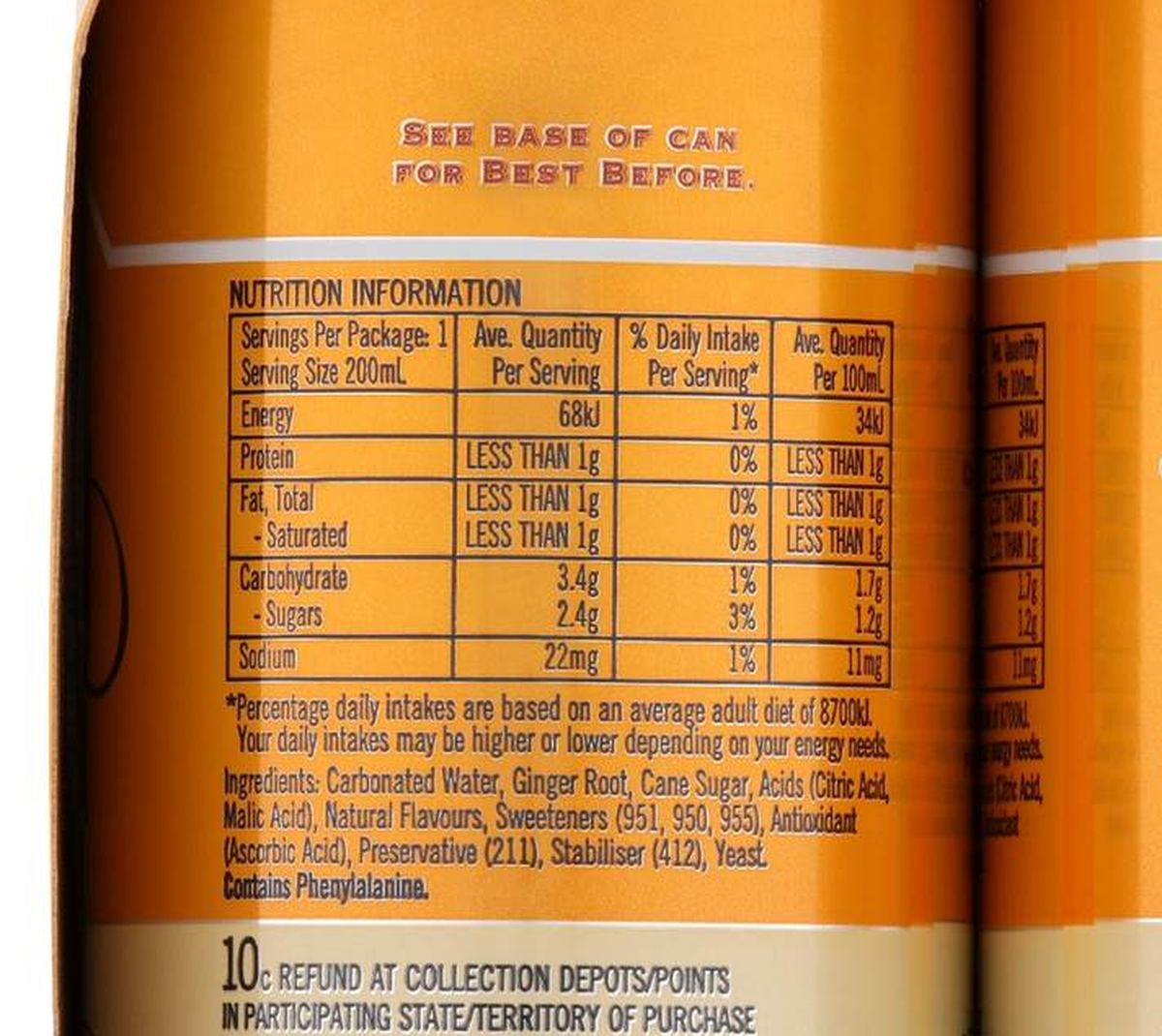 Pack photograph of Bundaberg Diet Ginger Beer Mini Cans 200mL x 6 pack showing the printed nutrition panel