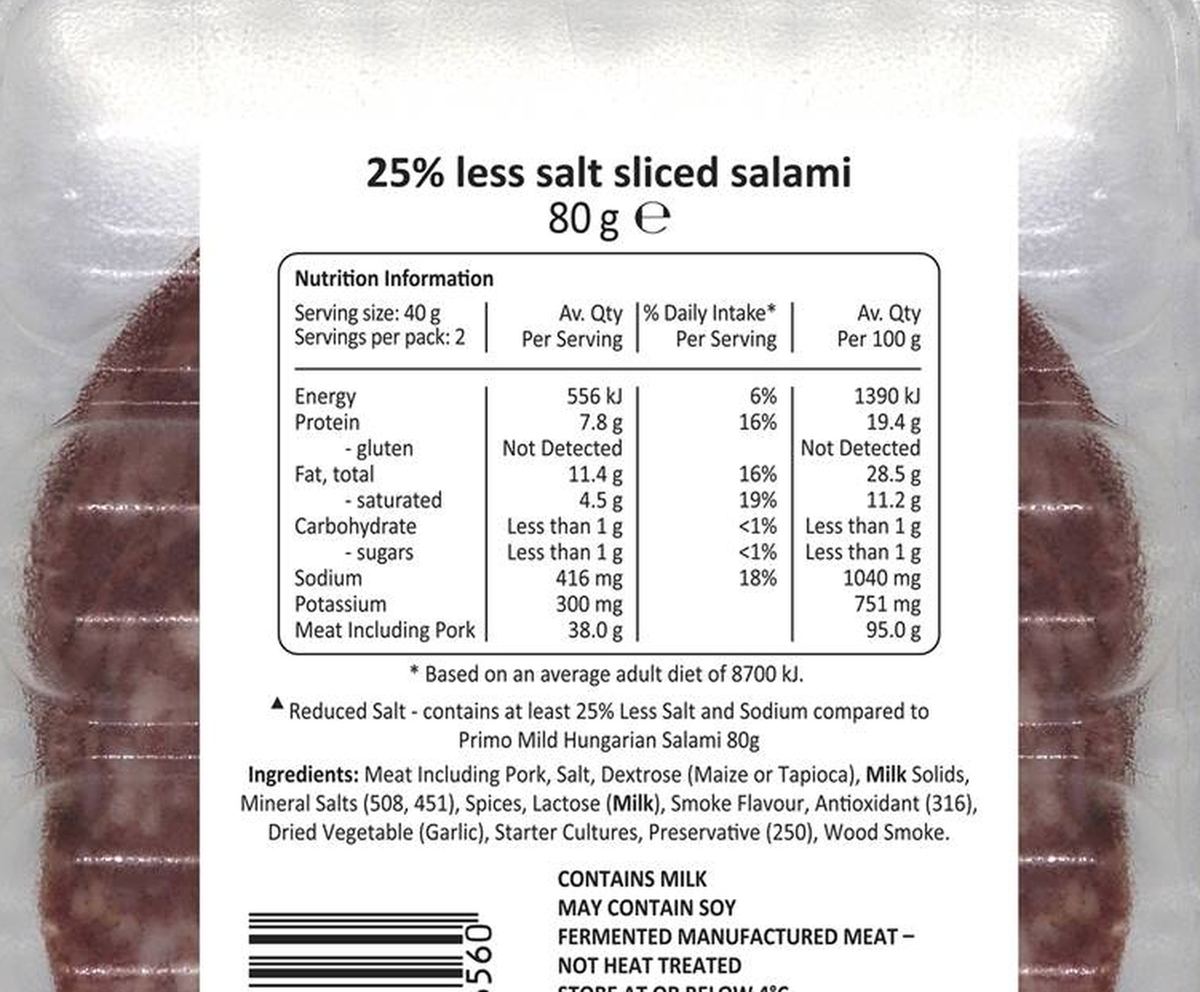 Pack photograph of Primo Mild Salami Sliced 25% Less Salt 80g showing the printed nutrition panel
