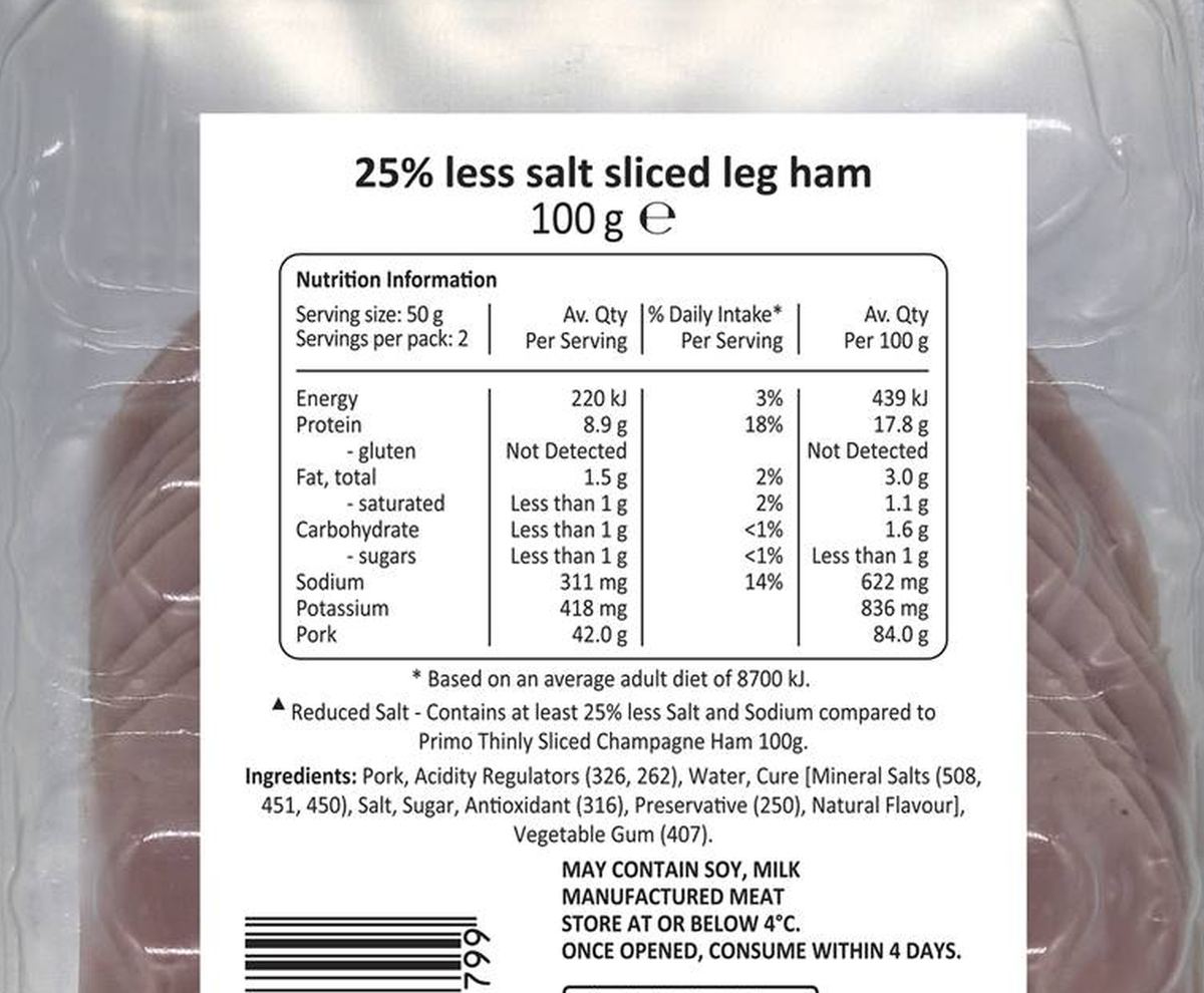 Pack photograph of Primo Leg Ham Sliced 25% Less Salt 100g showing the printed nutrition panel