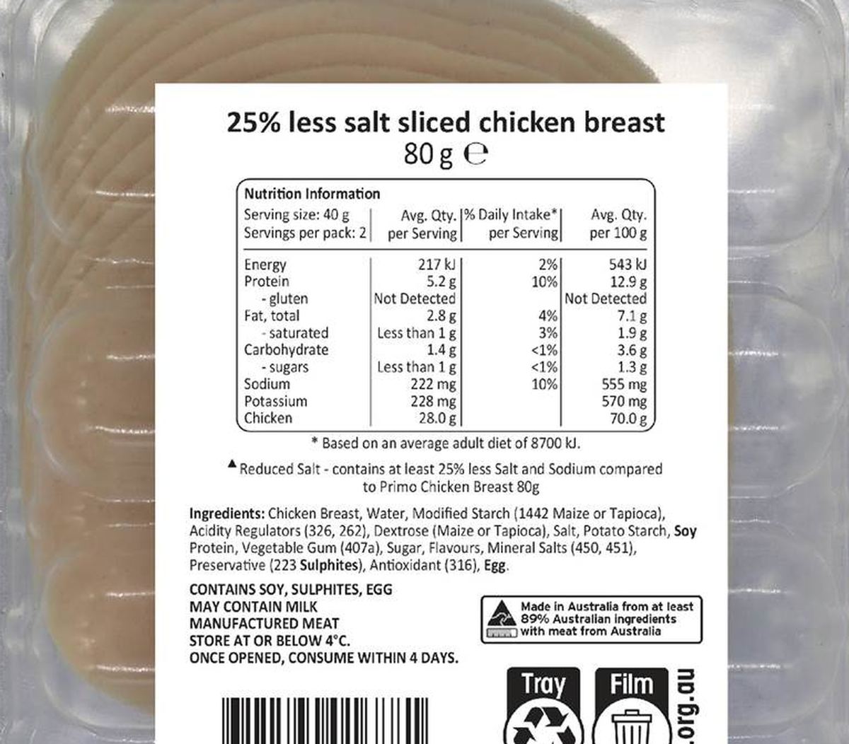Pack photograph of Primo Chicken Breast Sliced 25% Less Salt 80g showing the printed nutrition panel