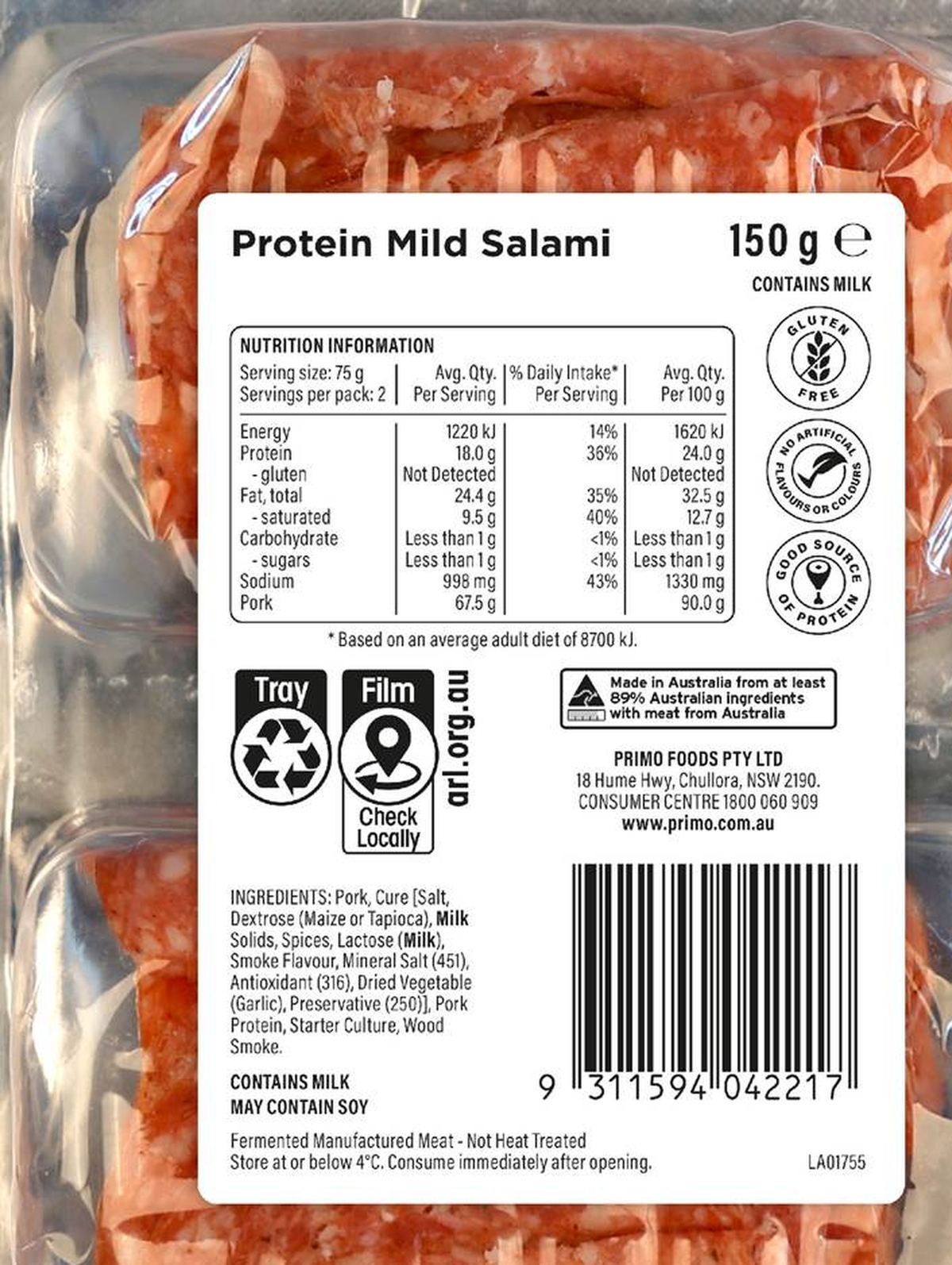 Pack photograph of Primo Protein Mild Salami 150g showing the printed nutrition panel