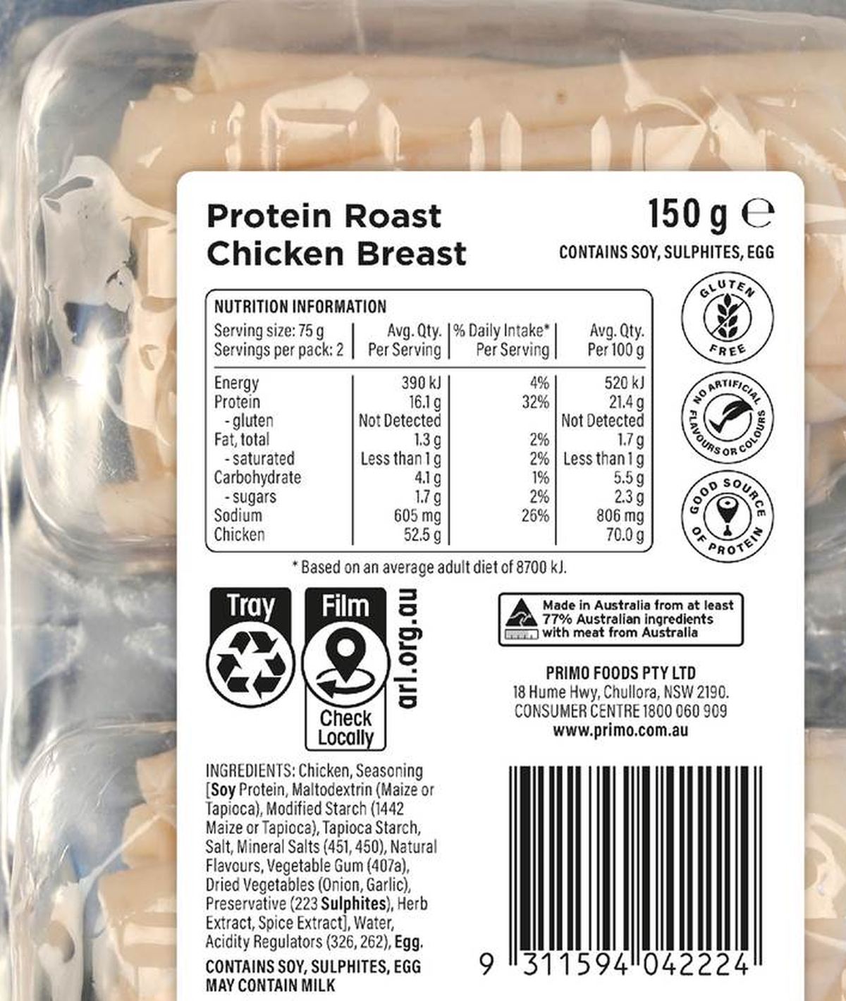 Pack photograph of Primo Protein Roast Chicken Breast 150g showing the printed nutrition panel