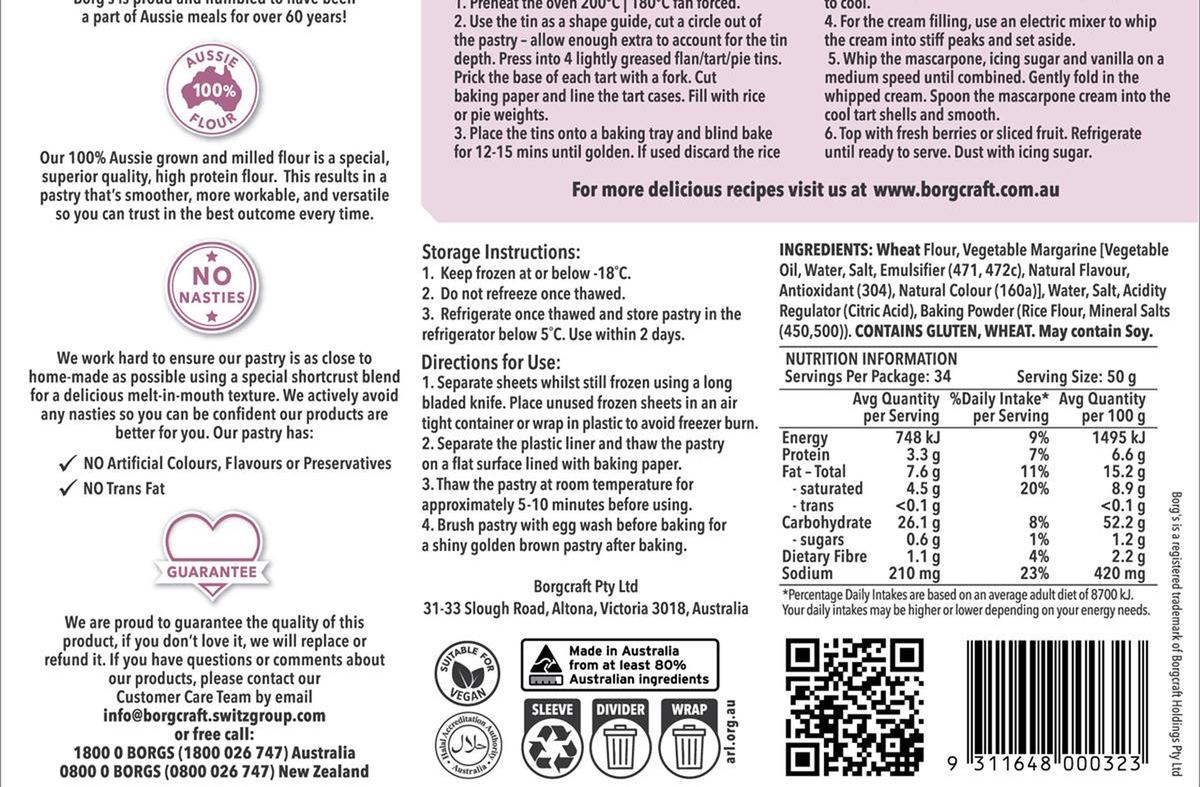 Pack photograph of Borg's Shortcrust Pastry 10 Sheets 1.7kg showing the printed nutrition panel