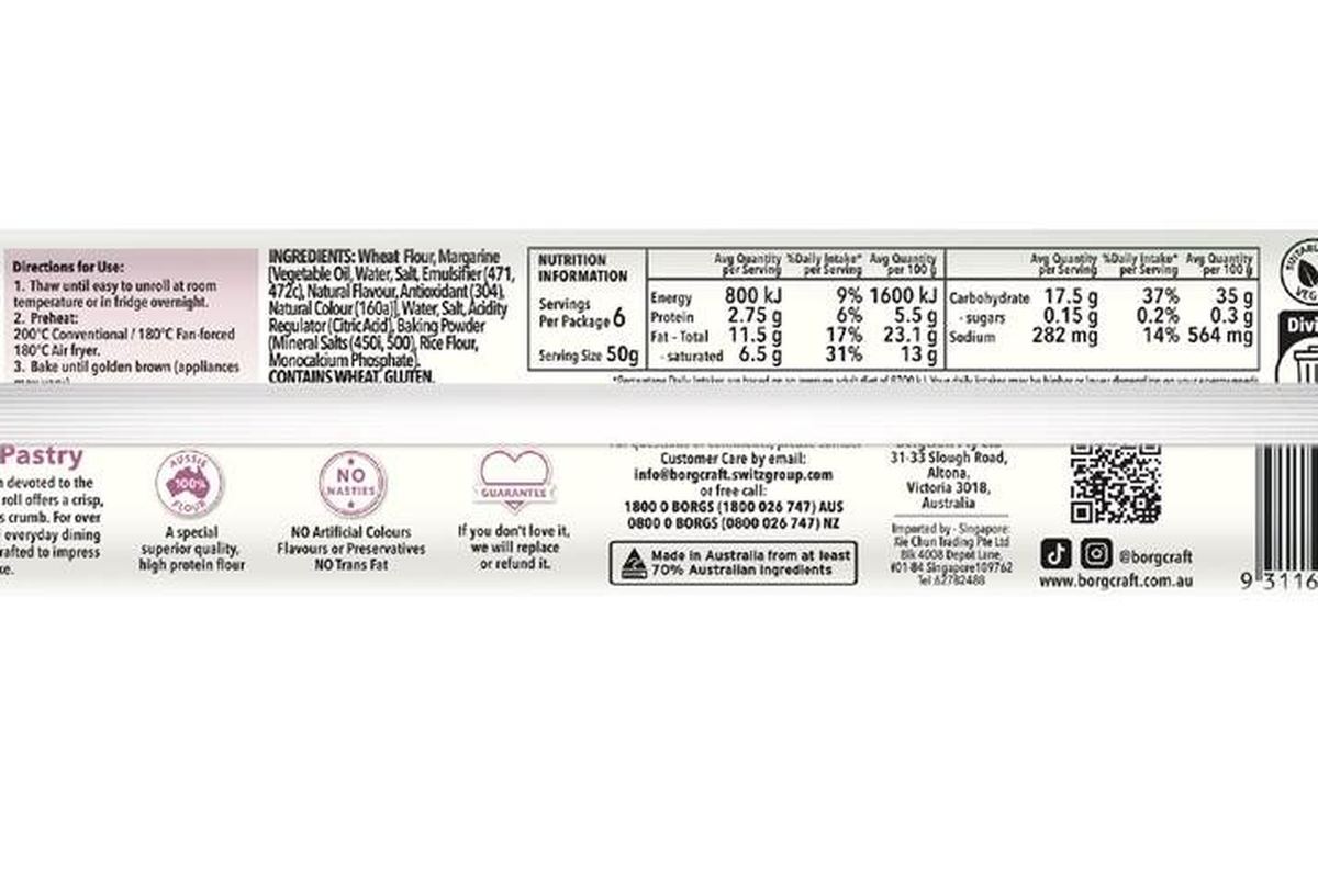 Pack photograph of Borg's Shortcrust Pastry Roll 300g showing the printed nutrition panel