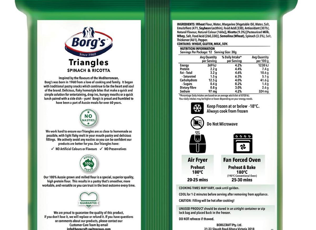 Pack photograph of Borg's Triangles Spinach & Ricotta Triangles Spinach & Ricotta 360g showing the printed nutrition panel