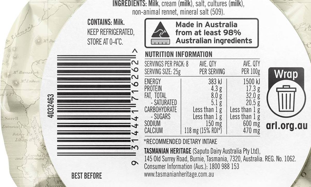 Pack photograph of Tasmanian Heritage Double Brie Cheese 200g showing the printed nutrition panel
