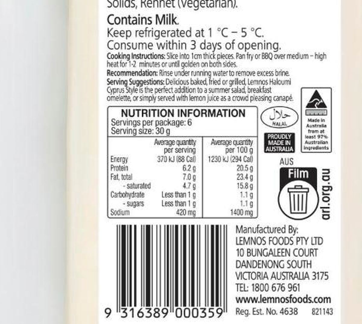 Pack photograph of Lemnos Haloumi Cheese 180g showing the printed nutrition panel