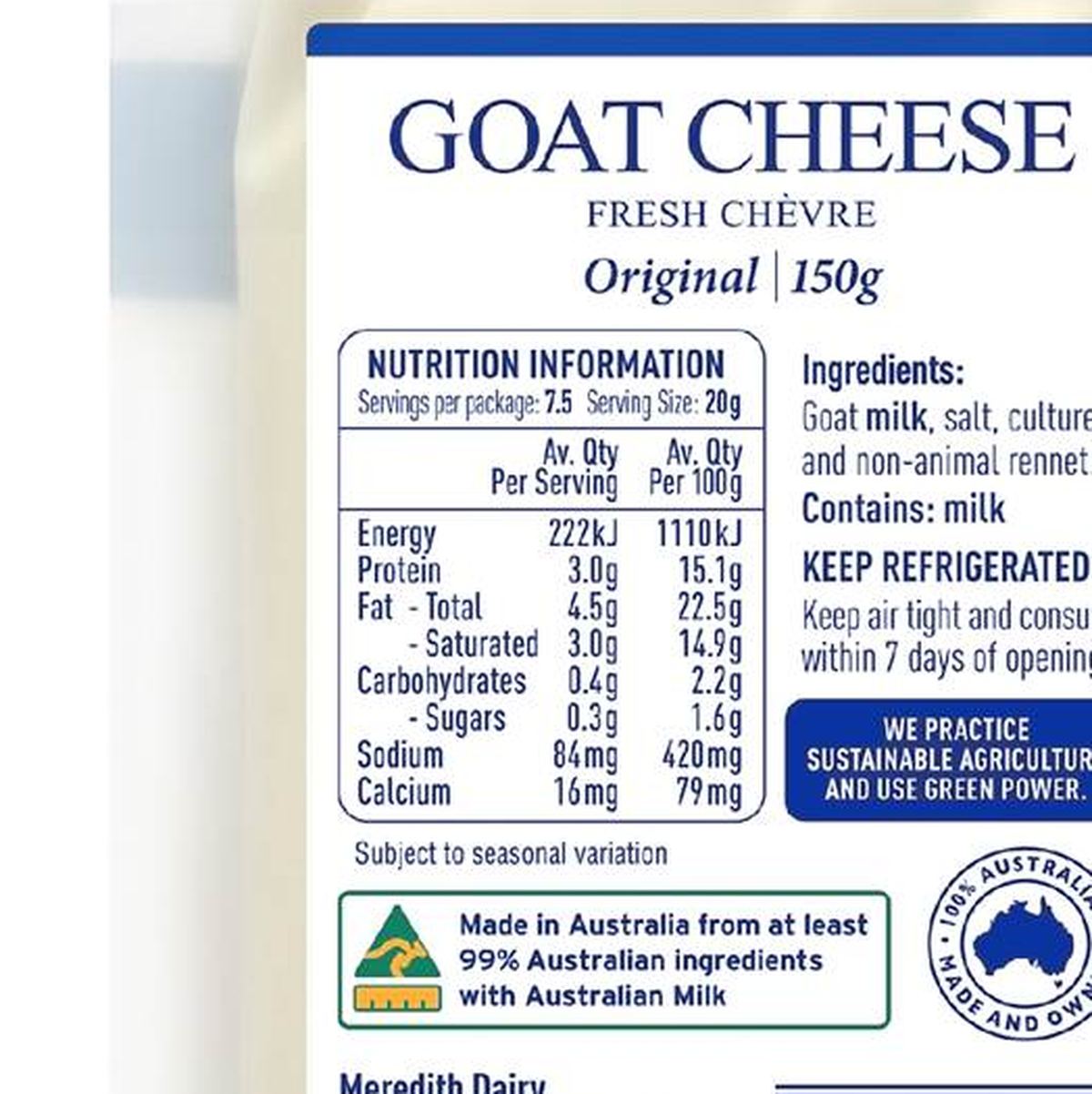 Pack photograph of Meredith Dairy Plain Goats Cheese 150g showing the printed nutrition panel