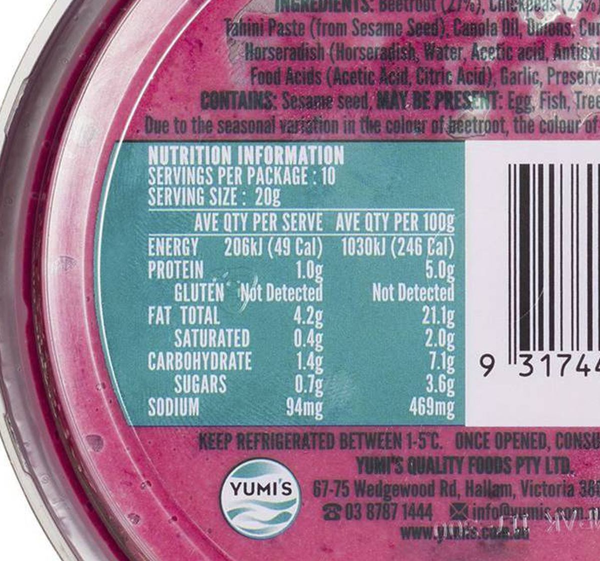 Pack photograph of Yumi's Roasted Beetroot Hommus Dip 200g showing the printed nutrition panel