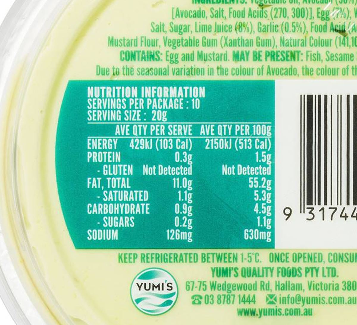 Pack photograph of Yumi's Avocado Dip 200g showing the printed nutrition panel